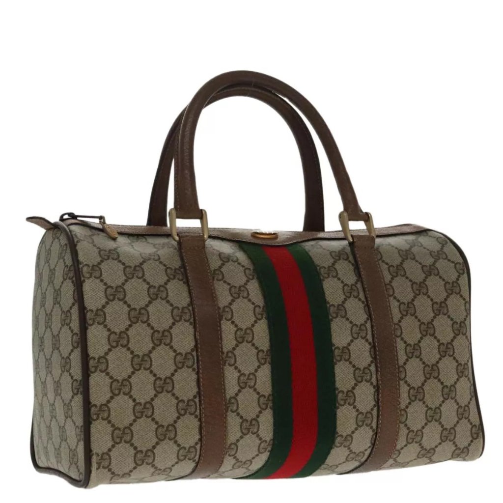 Gucci Gg Supreme Web Sherry Line Boston Bag Pvc Beige Gold Auth 96271